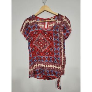 Lucky Brand‎ Geometric Tie Waist Short Sleeve Blouse Women's Small